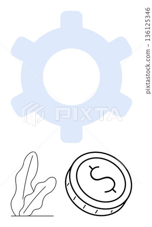 Business growth, economy, technology, mechanical processes, financial systems, industrial innovation. A gear symbol, dollar coin and minimalist plant drawing. Economy and technology concept Business growth, economy, technology, mechanical processes, financial systems, industrial innovation. A gear symbol, dollar coin and minimalist plant drawing. Economy and technology concept 136125346