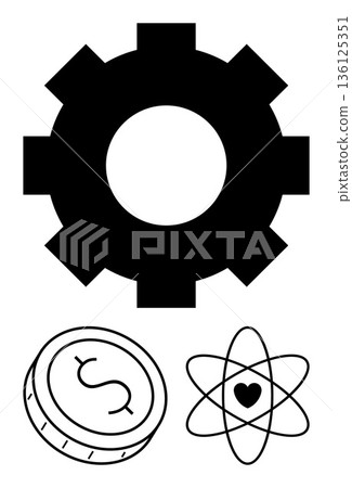 Technology, science, economy, progress, innovation, business. Black gear, atom with heart and coin with dollar sign. Technology and science innovation and advancement Technology, science, economy, progress, innovation, business. Black gear, atom with heart and coin with dollar sign. Technology and science innovation and advancement 136125351