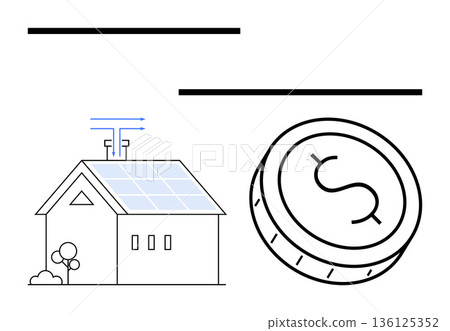 Renewable energy, solar investments, eco-friendly living, energy savings, green economy, sustainability. A house with solar panels and a coin symbol. Renewable energy and solar investments concept Renewable energy, solar investments, eco-friendly living, energy savings, green economy, sustainability. A house with solar panels and a coin symbol. Renewable energy and solar investments concept 136125352