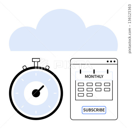 Time management, subscription services, SaaS, cloud technology, business planning, digital productivity. Stopwatch, calendar cloud icon. Time management and subscription services concept 136125363