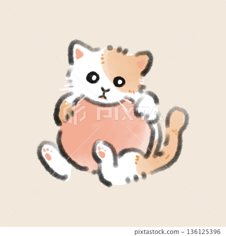 A watercolor illustration of a calico kitten holding a pink heart. A perfect illustration for pets. 136125396
