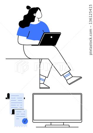 Remote work, digital communication, e-learning, productivity, document management, freelance work. Person with a laptop, document with a checkmark and a monitor. Remote work and digital 136125415