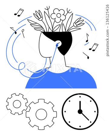 Wellness, productivity, creativity, mindfulness, stress relief, focus. Person listening to music with floral elements, gears and clock. Wellness and productivity 136125416