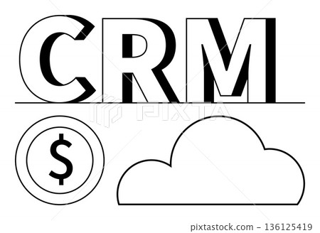 Customer relationship management, finance, cloud services, digital tools, business software, online platforms. CRM acronym with a dollar symbol and cloud outline. Customer relationship and finance 136125419