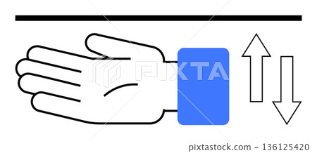Communication, gestures, navigation, direction, user interfaces, instructional material. A hand with arrows pointing up and down above it. Communication and navigation concept 136125420