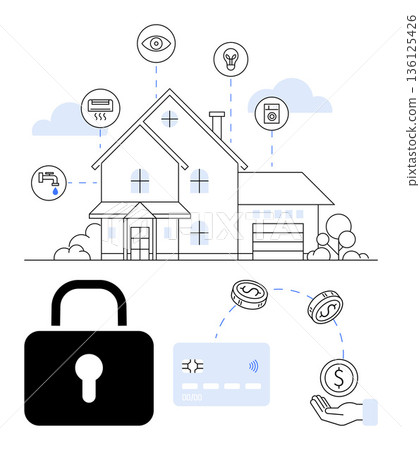 Smart home technology, IoT, data security, financial security, home automation, modern living. A house connected to devices with a lock and payment icons. Smart home and cybersecurity concept 136125426