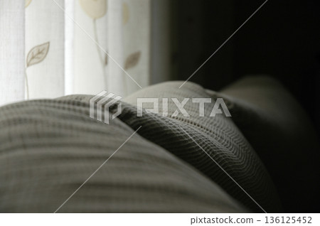 image of a sofa cushions with a patterned curtain 136125452