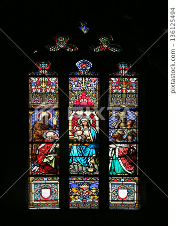 Nativity Scene, Adoration of the Magi, stained glass window in parish church of Saint Mark in Zagreb, Croatia Nativity Scene, Adoration of the Magi, stained glass window in parish church of Saint Mark in Zagreb, Croatia 136125494