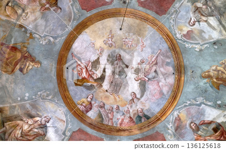 Christ the Lord with the apostles and angels, a fresco in the dome above the sanctuary in the Church of All Saints in Sesvete, Croatia 136125618