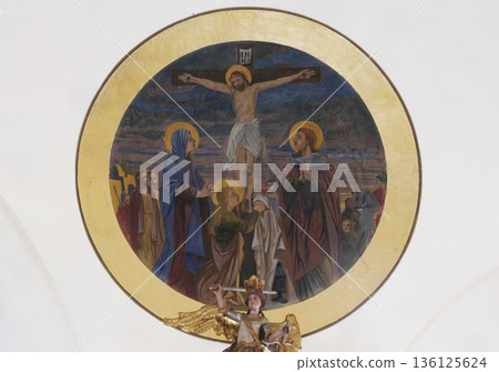Crucifixion, fresco in the Church of All Saints in Sesvete, Croatia Crucifixion, fresco in the Church of All Saints in Sesvete, Croatia 136125624