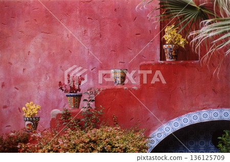 picture of the red facade and the decorative flower pots on the stairs 136125709