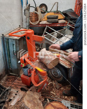 Person splitting firewood using hydraulic log splitter machine 136125864