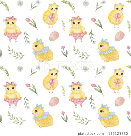 Watercolor seamless pattern with cute little chicken, eggs, tulips, herbs. Happy Easter and Spring pattern Watercolor seamless pattern with cute little chicken, eggs, tulips, herbs. Happy Easter and Spring pattern 136125880