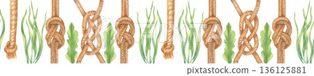 Watercolor seamless border with rope and algae. Maritime knot 136125881