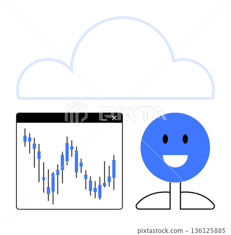 Cloud computing, data visualization, technology solutions, financial analytics, user interface, information sharing. A cloud icon, a chart window and a smiling figure. Cloud computing and data 136125885