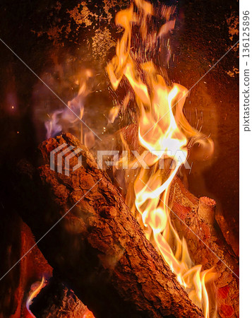 Burning logs creating warm fire flames with sparks Burning logs creating warm fire flames with sparks 136125896