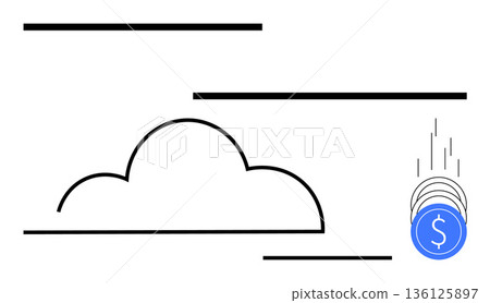 Cloud computing, cost management, financial technology, online services, digital economy, savings. Minimalist cloud design with falling coins and lines. Cloud computing and cost management concepts 136125897