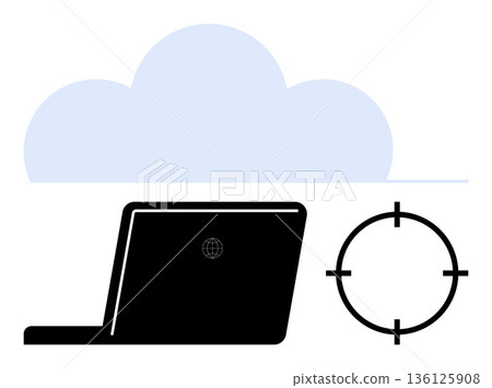 Cybersecurity, cloud computing, data protection, online privacy, threat detection, information security. Laptop with a cloud and target symbol. Cybersecurity and cloud computing concept 136125908