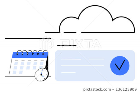 Time management, productivity tools, cloud computing, project tracking, workflow organization, data synchronization. Illustration of a cloud, calendar clock and checkmark. Time management Time management, productivity tools, cloud computing, project tracking, workflow organization, data synchronization. Illustration of a cloud, calendar clock and checkmark. Time management 136125909