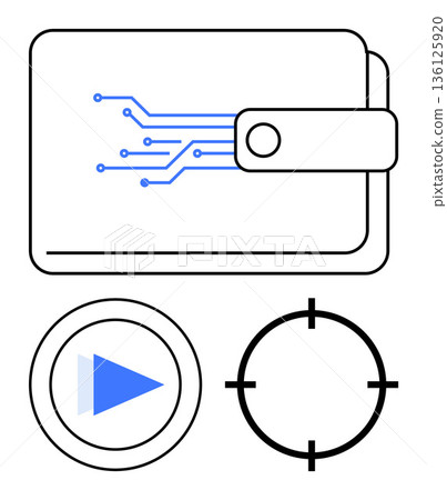 Financial technology, apps, digital payments, user interfaces, cryptocurrency, innovation. Digital wallet with circuit lines, play button target crosshair symbol. Financial technology and digital Financial technology, apps, digital payments, user interfaces, cryptocurrency, innovation. Digital wallet with circuit lines, play button target crosshair symbol. Financial technology and digital 136125920
