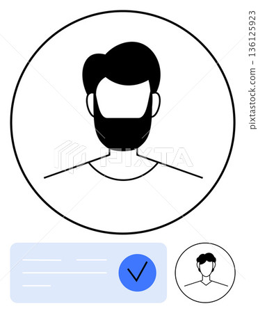 Online ID verification, user authentication, digital security, account approval, identity check, registration process. Minimal male avatar with verification checkmark. Online ID verification 136125923