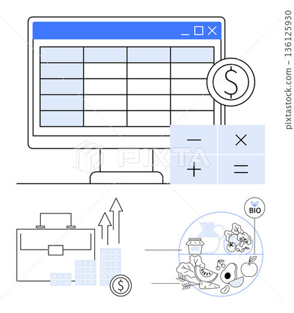 Financial analytics, budgeting tools, sustainable economy, organic farming, data management, business growth. Computer screen with a table, calculator bar graph and bio-themed icons. Financial Financial analytics, budgeting tools, sustainable economy, organic farming, data management, business growth. Computer screen with a table, calculator bar graph and bio-themed icons. Financial 136125930