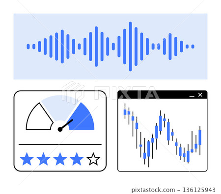 Data analysis, statistics, business metrics, financial performance, feedback evaluation, technology interface. Blue soundwave, rating system speedometer trend graph. Data analysis and financial Data analysis, statistics, business metrics, financial performance, feedback evaluation, technology interface. Blue soundwave, rating system speedometer trend graph. Data analysis and financial 136125943