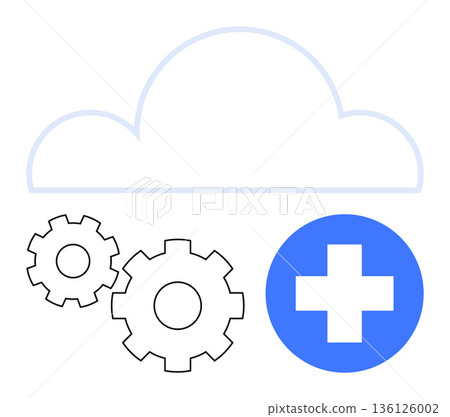 Healthcare technology, cloud storage, digital health, system optimization, data management, telemedicine. A cloud, gear icons and a medical cross. Healthcare technology and cloud storage concept Healthcare technology, cloud storage, digital health, system optimization, data management, telemedicine. A cloud, gear icons and a medical cross. Healthcare technology and cloud storage concept 136126002