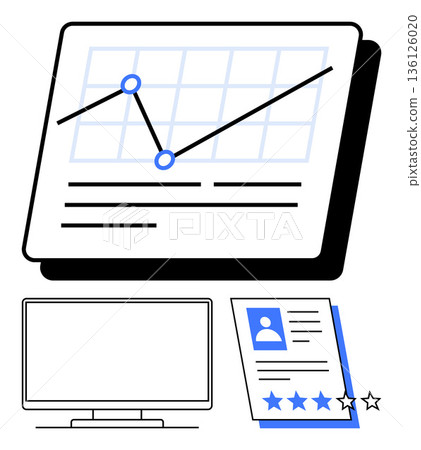 Data analytics, professional reviews, performance tracking, evaluation systems, digital solutions, business. Line graph and bar chart, computer screen and a review card. Data analytics 136126020