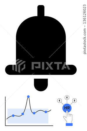 Notifications, analytics, human resources, data tracking, digital efficiency, task prioritization. Black bell symbol, chart with data points HR icon with hand clicking. Notifications and analytics Notifications, analytics, human resources, data tracking, digital efficiency, task prioritization. Black bell symbol, chart with data points HR icon with hand clicking. Notifications and analytics 136126023