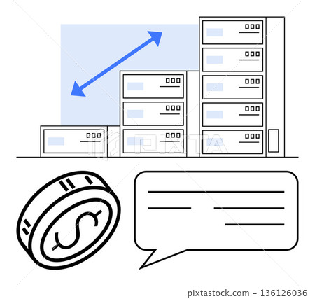 Business development, financial growth, investments, economic trends, communication, strategy planning. Stacked buildings, a coin a graph arrow and a speech bubble. Financial growth and investment Business development, financial growth, investments, economic trends, communication, strategy planning. Stacked buildings, a coin a graph arrow and a speech bubble. Financial growth and investment 136126036