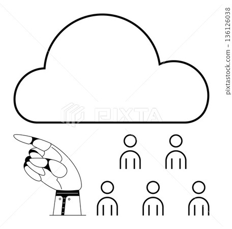 Cloud computing, teamwork, futuristic technology, artificial intelligence, data sharing, human collaboration. Robotic hand pointing to a cloud above a group of people. Cloud computing and teamwork Cloud computing, teamwork, futuristic technology, artificial intelligence, data sharing, human collaboration. Robotic hand pointing to a cloud above a group of people. Cloud computing and teamwork 136126038