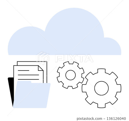 Data storage, file organization, cloud computing, automation, process management, digital tools. A cloud symbol, folder documents and gears. Data storage and file organization concept Data storage, file organization, cloud computing, automation, process management, digital tools. A cloud symbol, folder documents and gears. Data storage and file organization concept 136126040