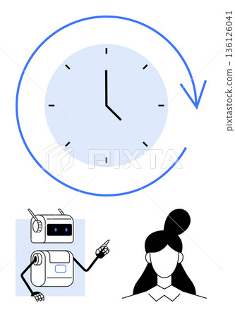 Automation, time management, AI integration, productivity, technological advancements, collaboration. Minimal illustration of a clock, robot and woman. Automation and time management concept 136126041