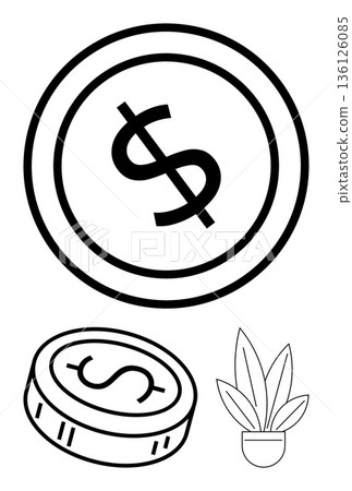 Finance, savings, economy, wealth, investment, growth. A dollar sign coin with a potted plant. Finance and savings concept through minimalist vector design Finance, savings, economy, wealth, investment, growth. A dollar sign coin with a potted plant. Finance and savings concept through minimalist vector design 136126085