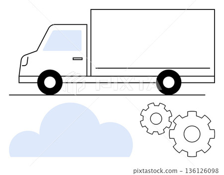 Logistics, delivery services, supply chain, freight transport, cloud computing, and automation. Minimalist truck with gear symbols and a cloud graphic. Logistics and technology integration concept 136126098