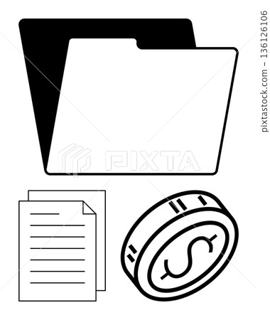 Business organization, financial management, budgeting, investment, office tasks, digital filing. Folder, documents and coin icon in black and white. Financial management and budgeting concept Business organization, financial management, budgeting, investment, office tasks, digital filing. Folder, documents and coin icon in black and white. Financial management and budgeting concept 136126106