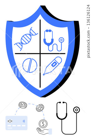 Healthcare, insurance, medical finance, health coverage, pharmaceutical services, financial security. Blue shield medical symbols and financial icons. Healthcare and insurance concept Healthcare, insurance, medical finance, health coverage, pharmaceutical services, financial security. Blue shield medical symbols and financial icons. Healthcare and insurance concept 136126124