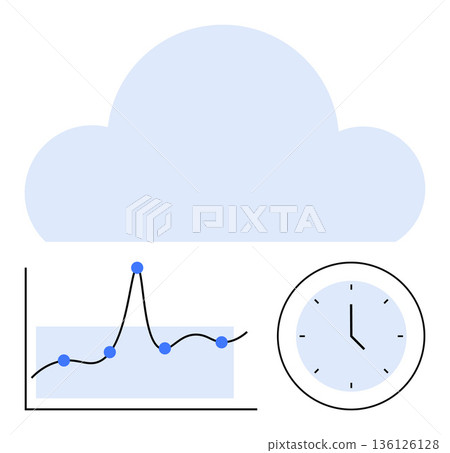 Cloud storage, data analysis, time tracking, workflow optimization, technology innovation, business planning. A cloud, line graph and clock. Cloud storage and data analysis for business 136126128