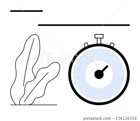 Time management, productivity, tracking, task organization, deadline management, minimalism. Image shows a stopwatch next to an abstract leaf and lines. Time management and productivity concept 136126158