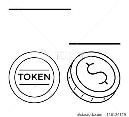 Cryptocurrency, blockchain, digital assets, online payments, virtual currency, modern finance. Two coins with Token and dollar symbol designs. Cryptocurrency and blockchain concepts 136126159