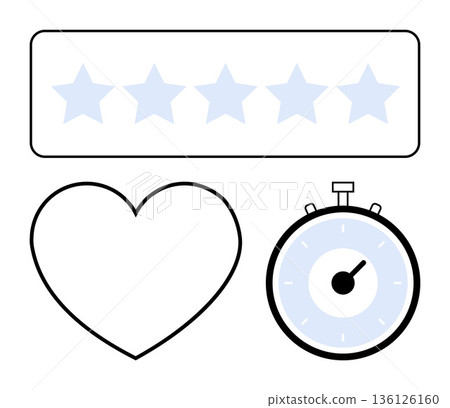 Online reviews, product feedback, time tracking, quality assessment, customer satisfaction, performance metrics. A row of stars, a clock and a heart. Online reviews and customer satisfaction concept 136126160