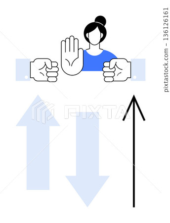 Decision-making, conflict management, teamwork, communication, problem solving, authority. Person with raised hand signal, two fists and direction arrows. Decision-making and conflict management 136126161