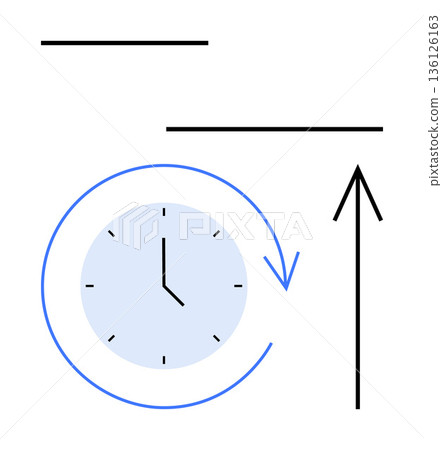 Time management, progress tracking, efficiency, workflow optimization, time planning, productivity improvement. Clock with arrow and lines. Time management and progress tracking concept Time management, progress tracking, efficiency, workflow optimization, time planning, productivity improvement. Clock with arrow and lines. Time management and progress tracking concept 136126163
