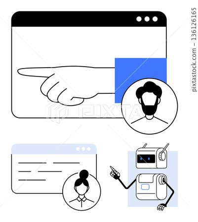 Technology, communication, user interaction, artificial intelligence, online support, digital workspace. Hand pointing in browser frame, user profiles AI chatbot. Technology and communication Technology, communication, user interaction, artificial intelligence, online support, digital workspace. Hand pointing in browser frame, user profiles AI chatbot. Technology and communication 136126165