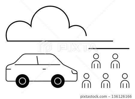 Transportation, commuting, carpooling, sustainability, teamwork, cloud storage. An outlined car, cloud and people icons arranged simply. Transportation and commuting 136126166