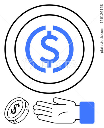 Cryptocurrency, payment methods, blockchain economy, financial exchange, digital wallets, decentralized economy. Blue dollar symbol within a coin, hand and smaller coin below. Cryptocurrency Cryptocurrency, payment methods, blockchain economy, financial exchange, digital wallets, decentralized economy. Blue dollar symbol within a coin, hand and smaller coin below. Cryptocurrency 136126168