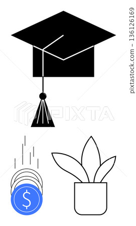 Education, personal finance, investment growth, career advancement, academic success, and financial planning. Black graduation cap, falling coins and potted plant symbols. Education and financial Education, personal finance, investment growth, career advancement, academic success, and financial planning. Black graduation cap, falling coins and potted plant symbols. Education and financial 136126169