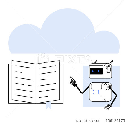Artificial intelligence, education tools, cloud computing, data sharing, robotics, digital learning. Robot gesturing at an open book under a cloud. AI learning and education tools concepts 136126175