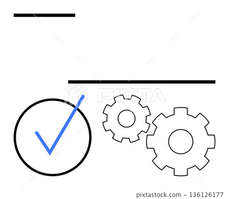 Workflow automation, quality control, business processes, task management, productivity improvement, efficiency. Black gears and a blue checkmark. Quality control and workflow automation concept 136126177